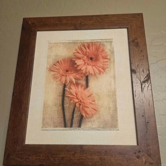 Wood Framed Floral Picture Orange Gerber Daisies 15" X 17" - Picture 1 of 3